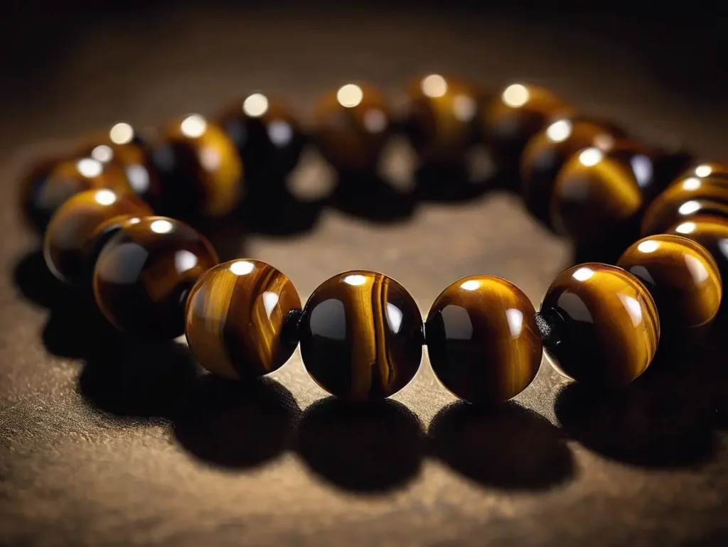 Tiger eye gemstone beads in a bracelet, demonstrating the distinct banding of dark and light brown stripes, often used for spiritual and healing purposes.
