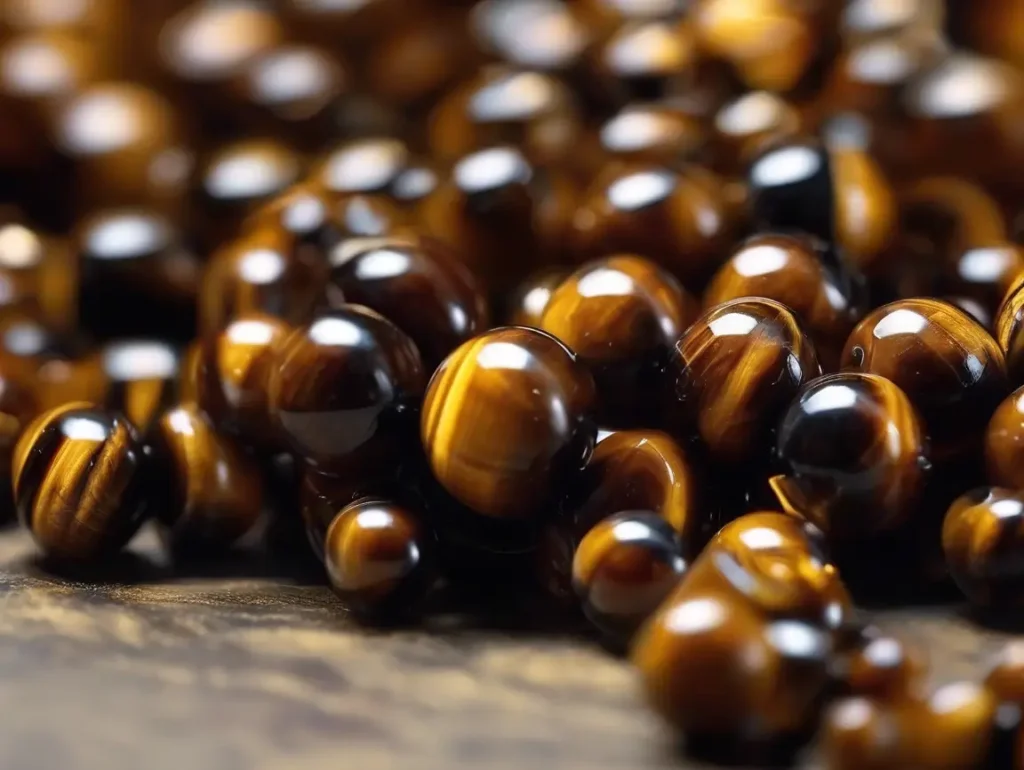 Close-up view of tiger eye gemstone beads showcasing their natural brown and black striped patterns, ideal for creating energy-healing jewelry like bracelets.