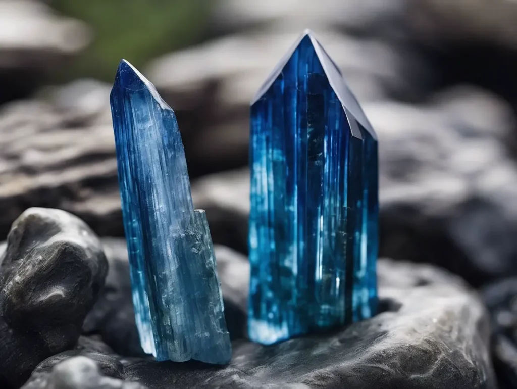 Kyanite meaning in crystal form, with two standing blue kyanite points reflecting strength and truth