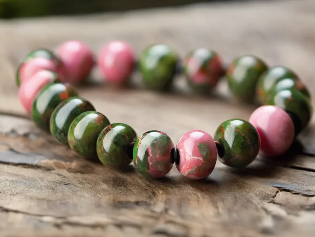 Close-up of Unakite Jasper bracelet with balanced pink and green beads — exploring Unakite Jasper Meaning in daily wear.