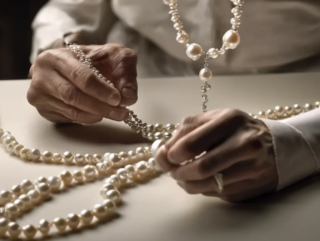 Detailed work of getting pearls restrung and adjusting necklace spacing