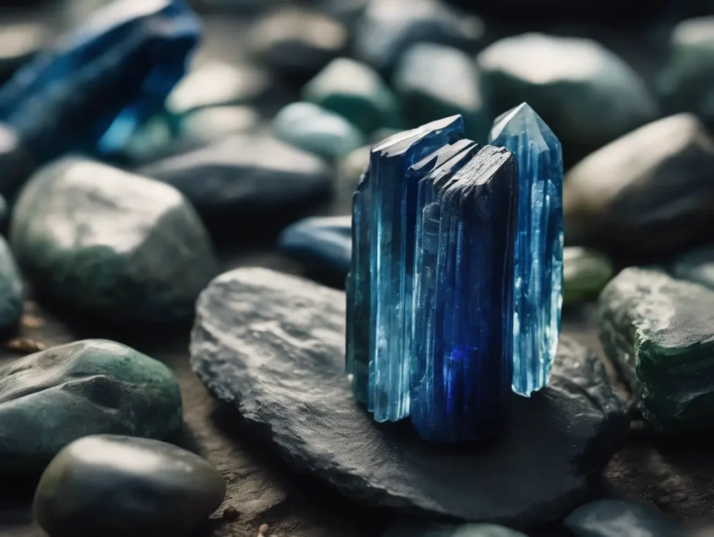 Blue kyanite meaning shown by polished crystals placed on river rocks, linked to emotional calm and alignment