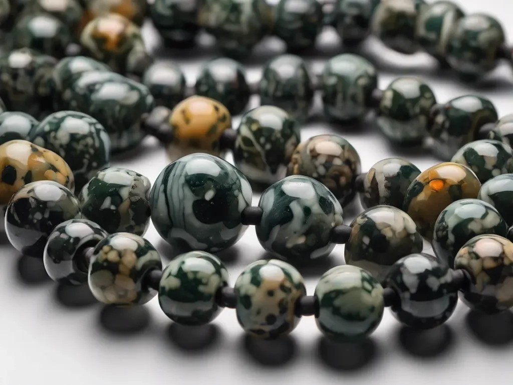 Kambaba Jasper Meaning shown in close-up beads with fossil-like swirls and deep greens
