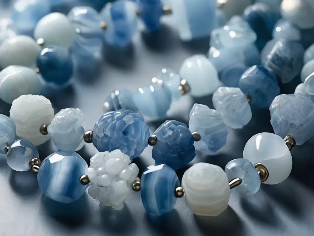 Multiple celestite bead strands showing consistent blue hue and smooth surface in Celestite vs Angelite guide