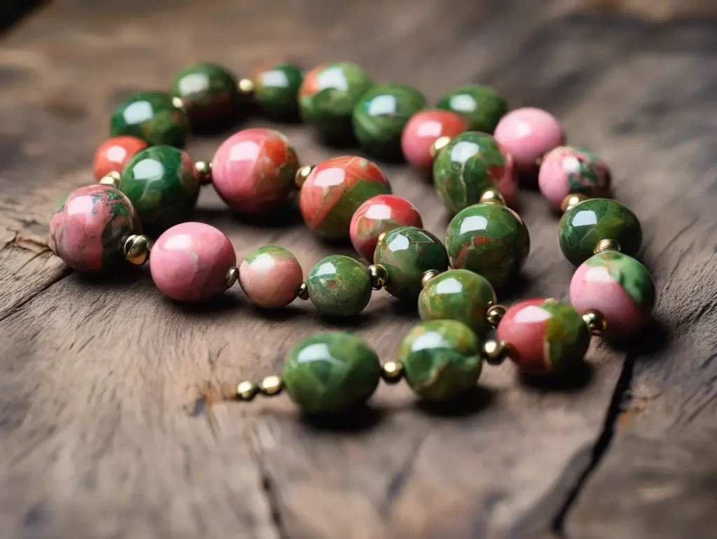 Handmade Unakite Jasper necklace featuring polished round stones — Unakite Jasper Meaning in heart chakra jewelry.