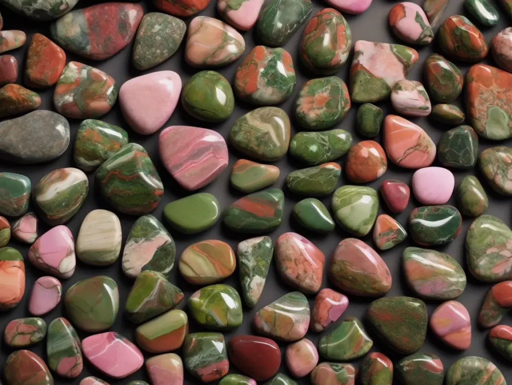 Natural tumbled Unakite Jasper pebbles highlighting earthy textures — Unakite Jasper Meaning crystal properties.