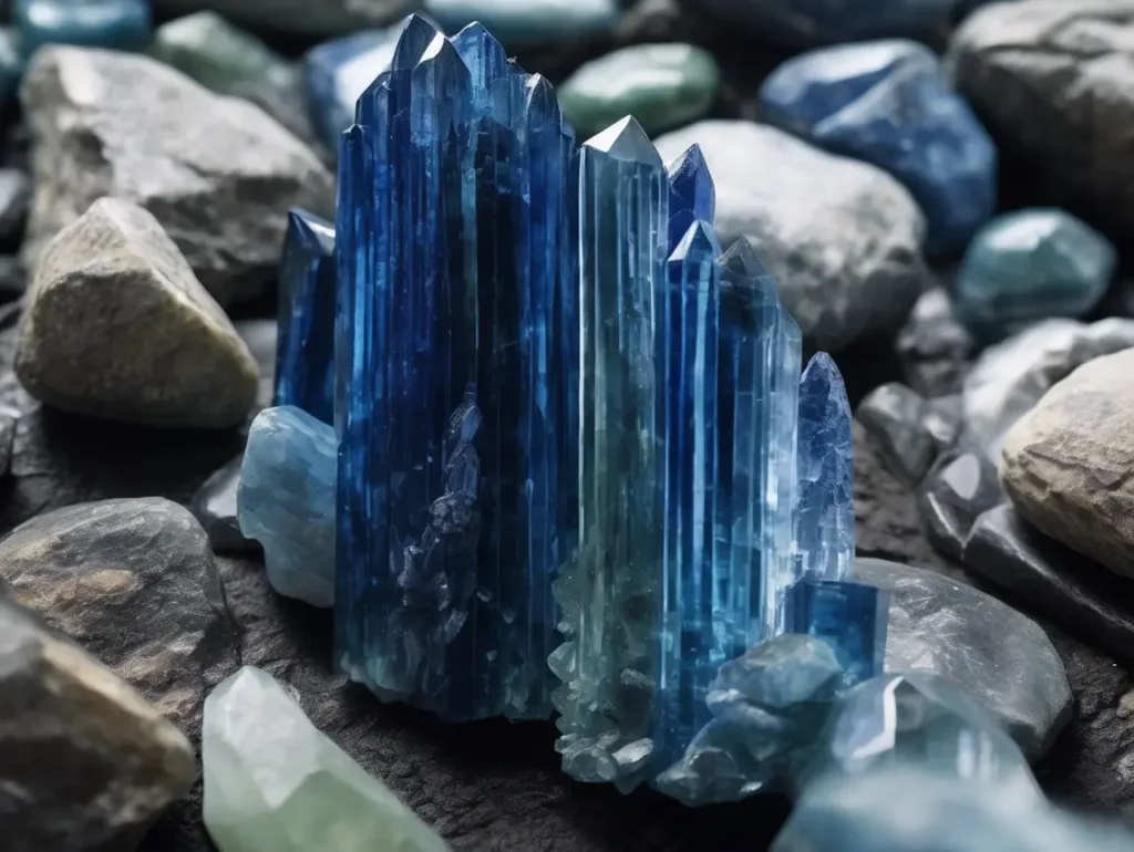 Kyanite meaning represented by raw blue kyanite crystals standing on a stone, symbolizing clarity