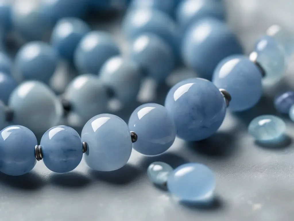Close-up of Angelite beads with surface marks, highlighting fragility in Celestite vs Angelite contrast