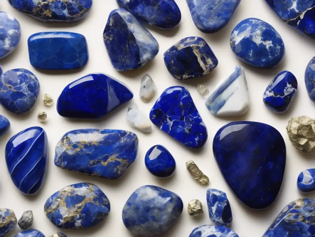 Collection of tumbled sodalite and lapis lazuli stones arranged on a white surface for visual comparison