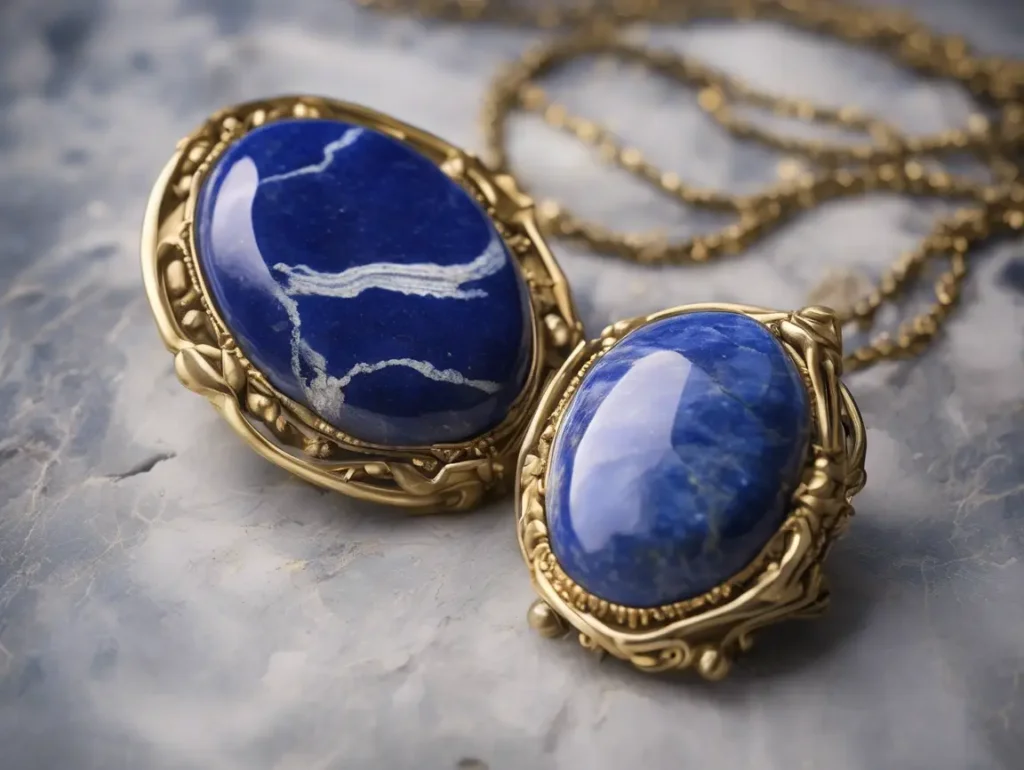 Sodalite vs Lapis Lazuli gemstone pendants in golden setting placed on marble background
