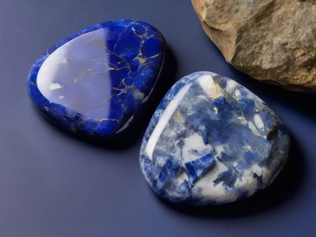 Side-by-side comparison of sodalite and lapis lazuli tumbled stones on a blue surface