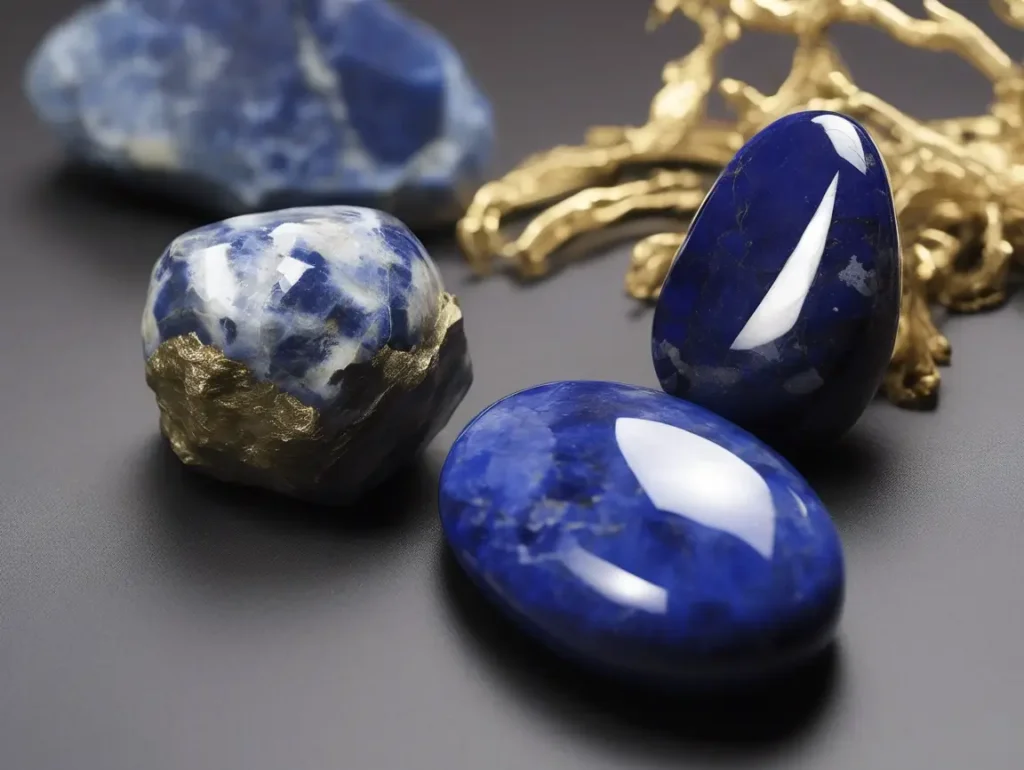 Sodalite vs Lapis Lazuli polished stones with golden pyrite on a dark background