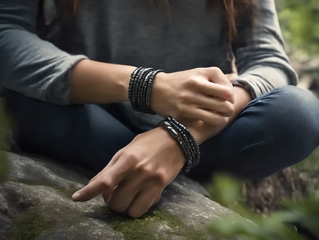 Person adjusting hematite bracelet in nature, reflecting real-life hematite bracelet benefits like emotional calm and stability.