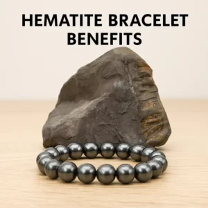 Hematite bracelet benefits represented by a natural hematite stone and beaded bracelet, featured on a clean display with text overlay.