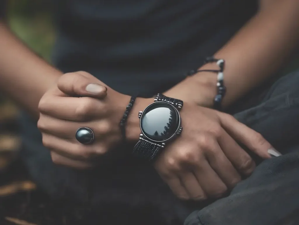 Close-up of a masculine wrist with a bold hematite bracelet, illustrating hematite bracelet benefits for men.