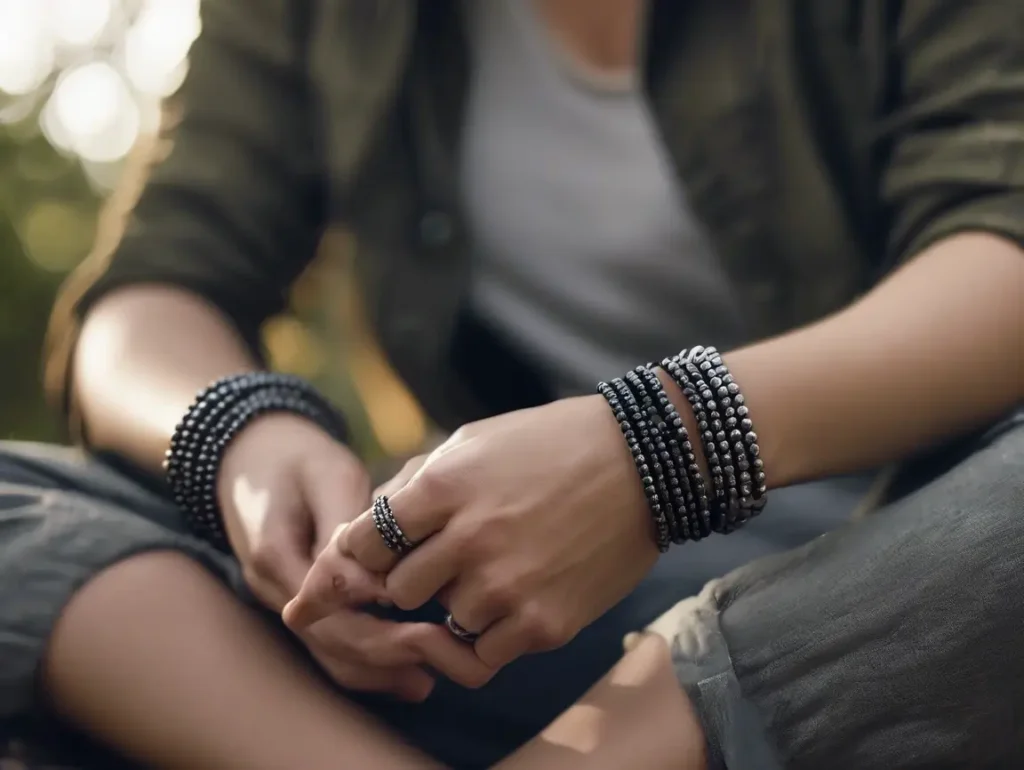 Man wearing layered hematite bracelets outdoors, showing hematite bracelet benefits in daily grounding and focus.