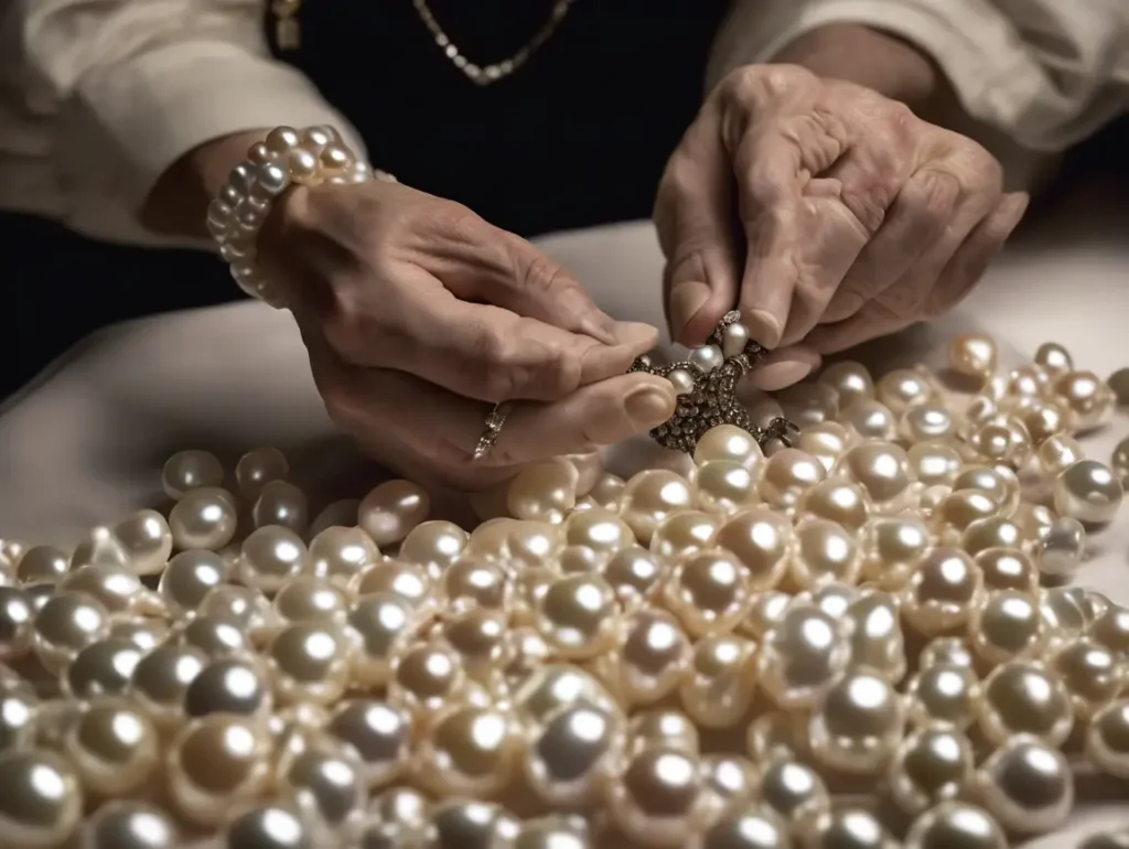 Vintage pearl strands being prepared to get pearls restrung for a new fit