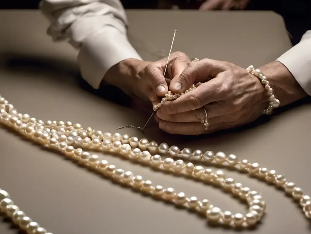 Professional jeweler restringing pearls one by one to restore necklace