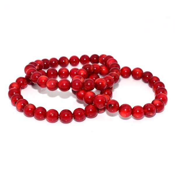 Multiple Red Coral Bracelets stacked together – 8mm polished beads