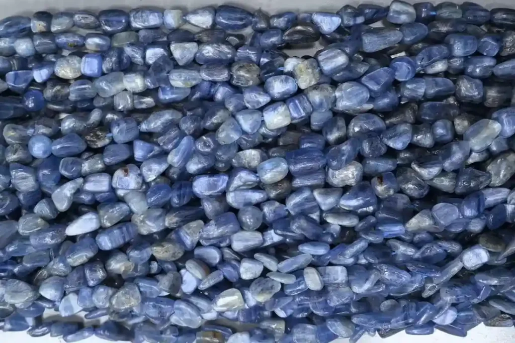 Blue Kyanite Meaning — 6-8mm strand beads symbolizing calm energy and balance, perfect for crystal jewelry making.