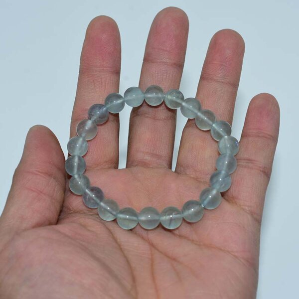 Three Blue Fluorite Bracelets shown on palm to display bead transparency