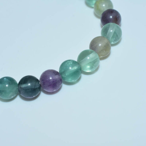 Close-up of fluorite crystal beads showing polished finish and color gradient