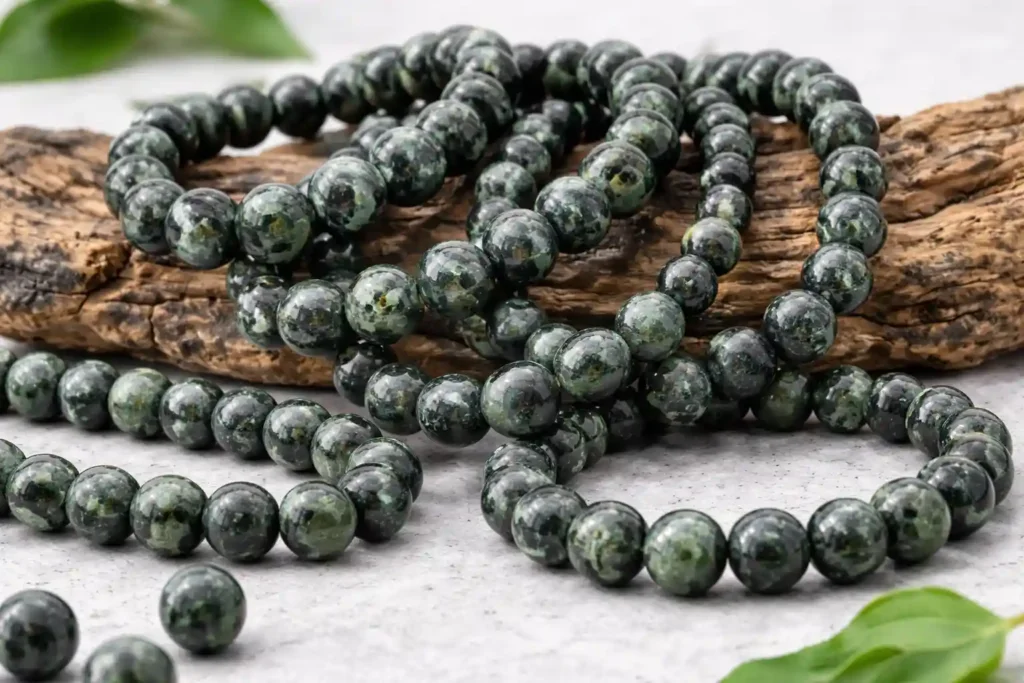 Kambaba Jasper Meaning bracelet strands with polished green-black round beads