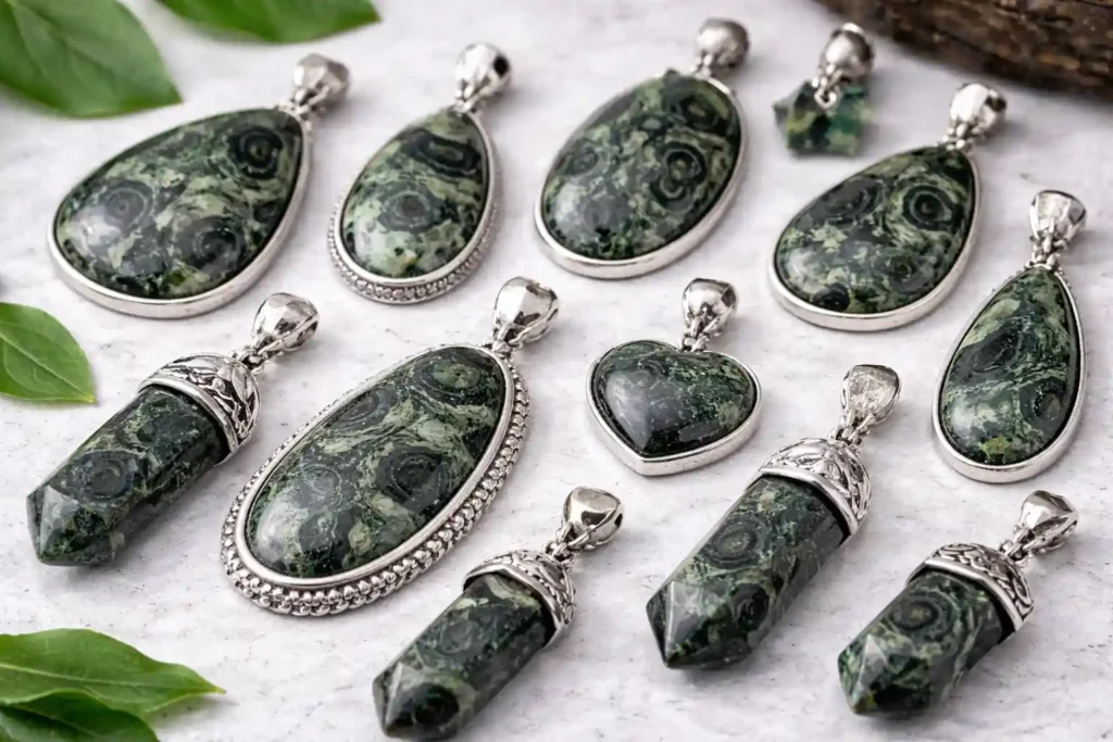 Kambaba Jasper Meaning pendants showing natural green-black swirl patterns in silver settings