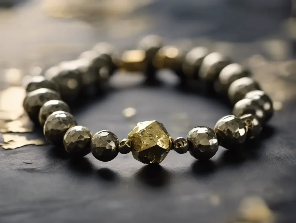 Unique pyrite bracelet featuring raw nugget centerpiece, emphasizing handcrafted design and pyrite bracelet benefits