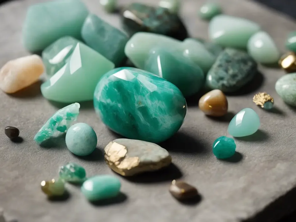 Mixed amazonite vs aventurine tumbled stones in various shades of green and blue