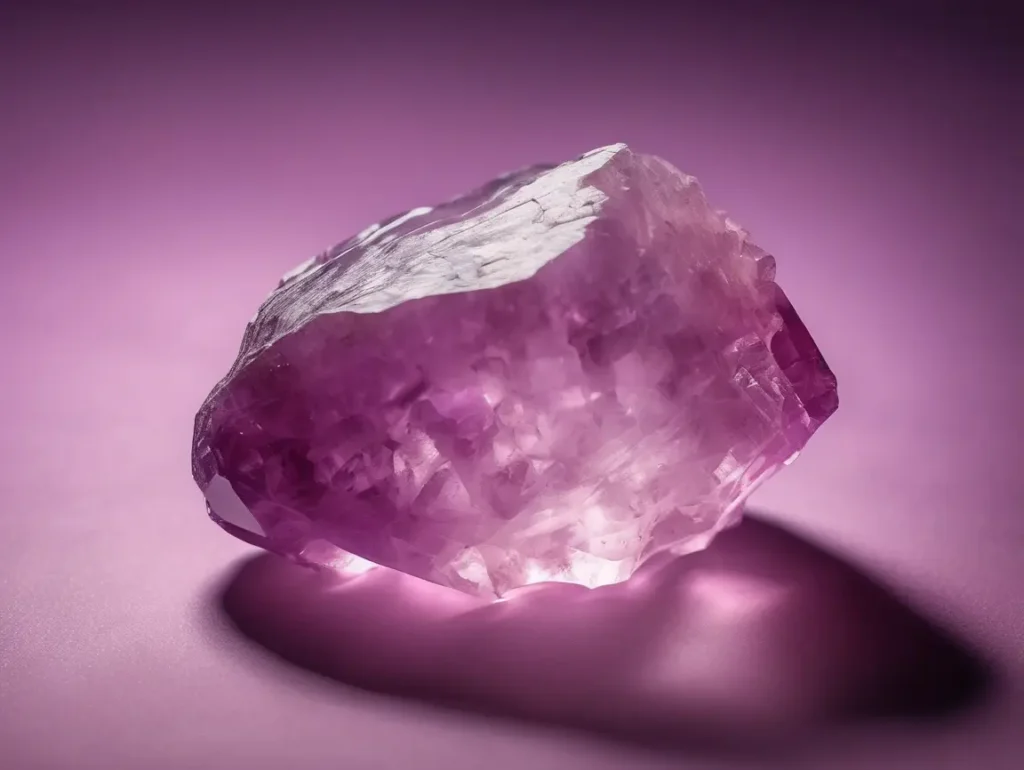 Chunky pink amethyst stone glowing under light, visually highlighting the calming and heart-centered pink amethyst meaning.