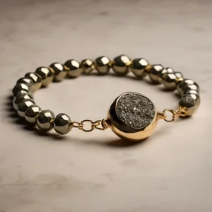 Pyrite bracelet with druzy centerpiece, combining elegance and pyrite bracelet benefits for energy protection