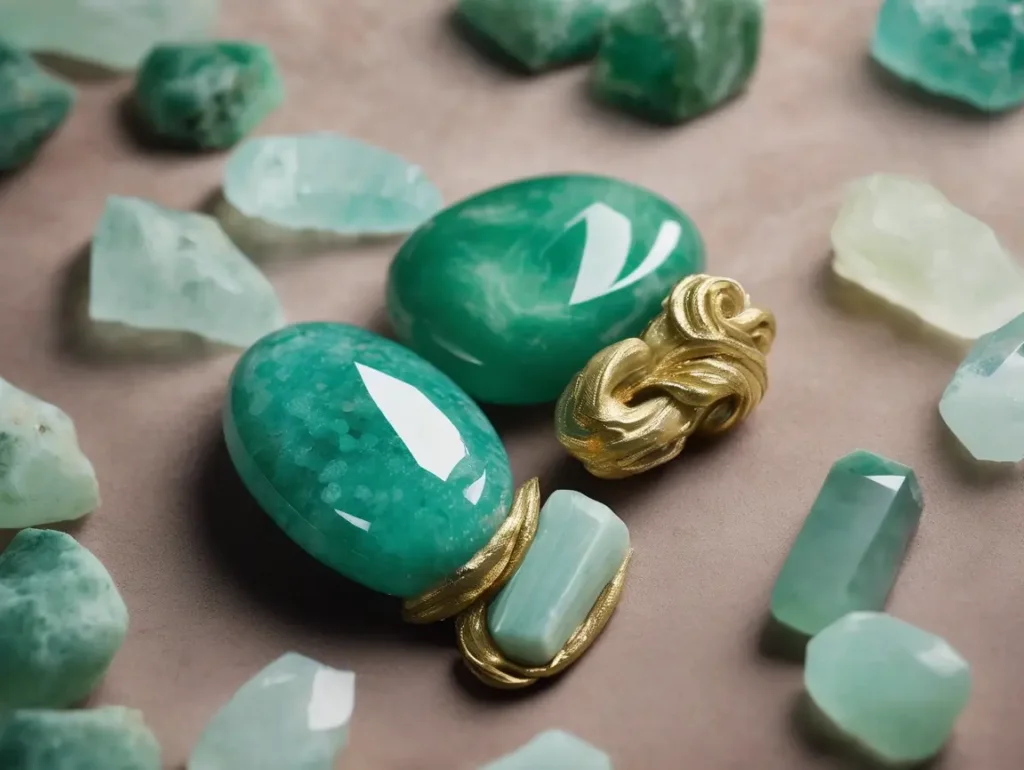 Polished amazonite stones with gold detailing arranged for gemstone jewelry design