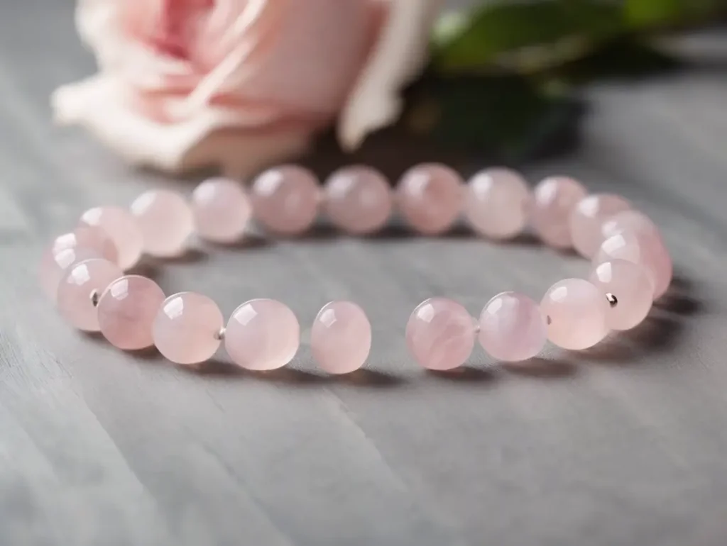 Elegant rose quartz bracelet placed beside a flower – represents femininity, peace, and the key rose quartz bracelet benefits.