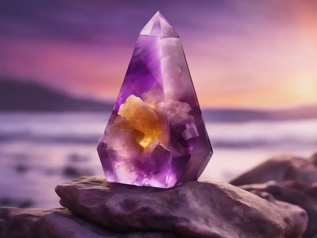 Raw ametrine point with sharp zoning – Benefits of Ametrine for balance and transformation