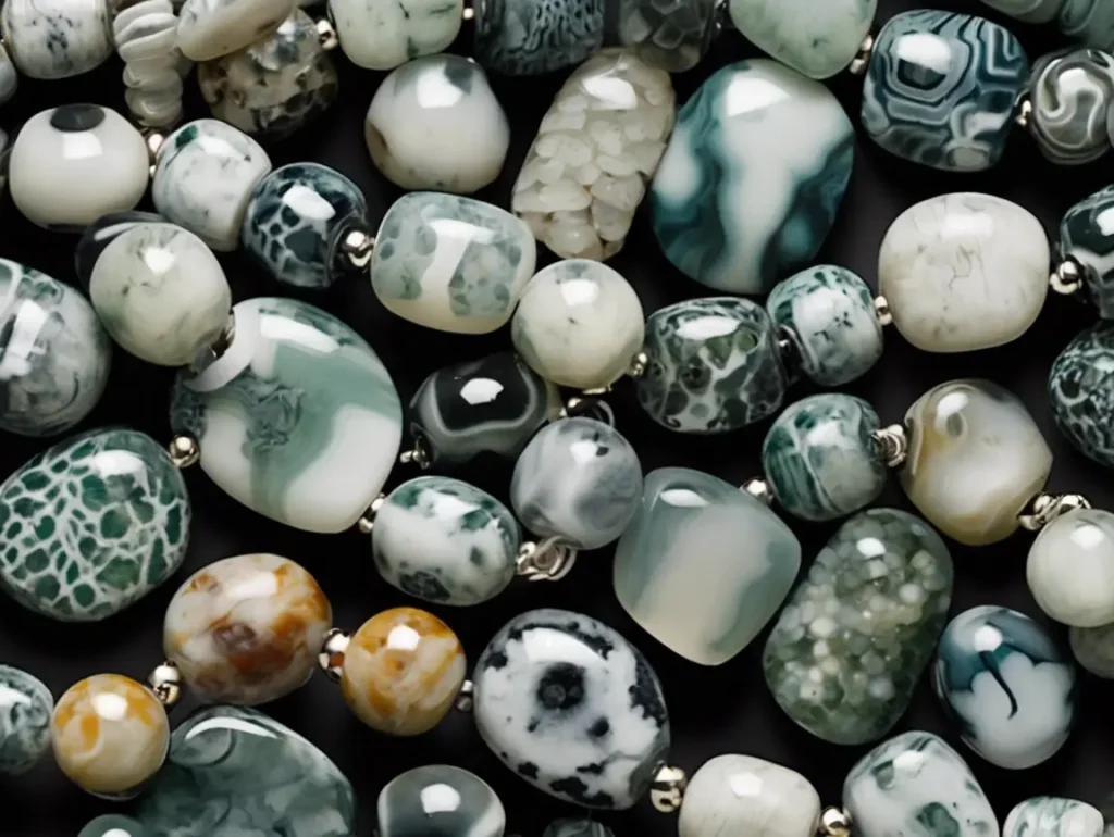Tree Agate vs Moss Agate tumbled stones with distinctive green and white patterns.