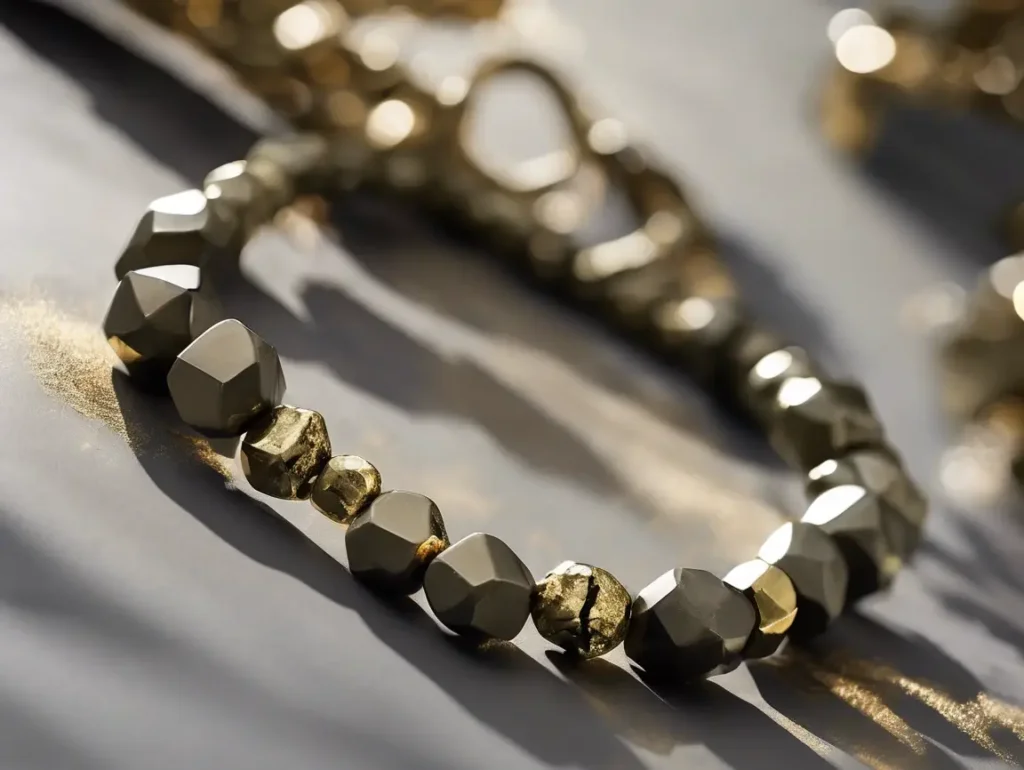 Faceted pyrite bracelet reflecting light, symbolizing pyrite bracelet benefits like clarity and focus