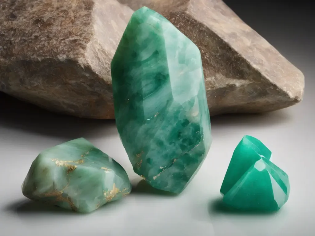 Amazonite crystals in freeform shapes displayed with natural rock background