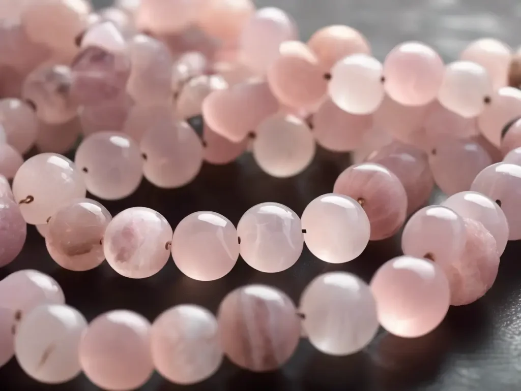 Handcrafted rose quartz bracelets stacked together – ideal for discussing the protective and nurturing rose quartz bracelet benefits.