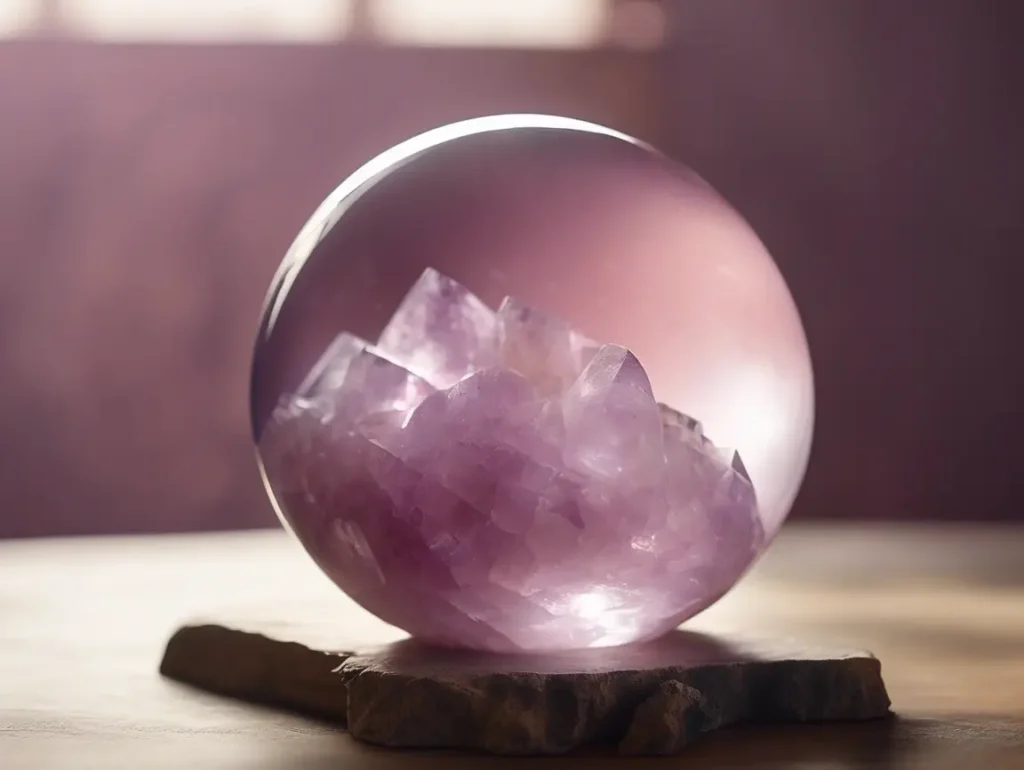 Large pink amethyst orb on a stand, showcasing the spiritual and grounding aspects of pink amethyst meaning.