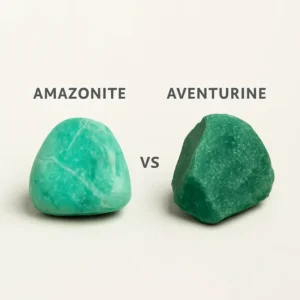 Amazonite vs Aventurine side-by-side comparison showing two polished green stones on white background