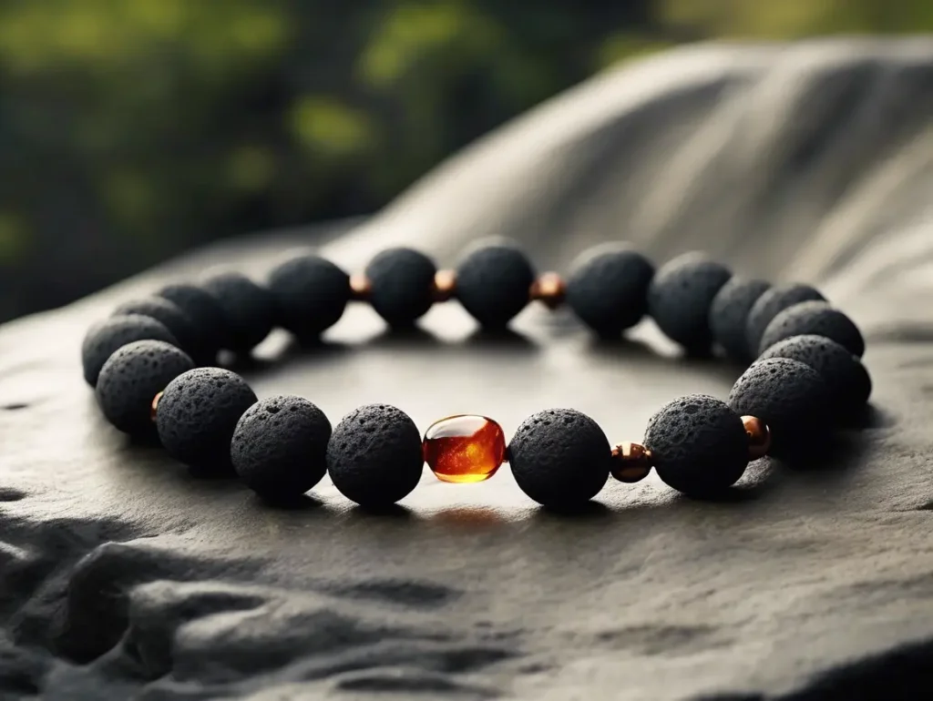 Lava stone bracelet benefits include essential oil absorption, shown on wet black stones