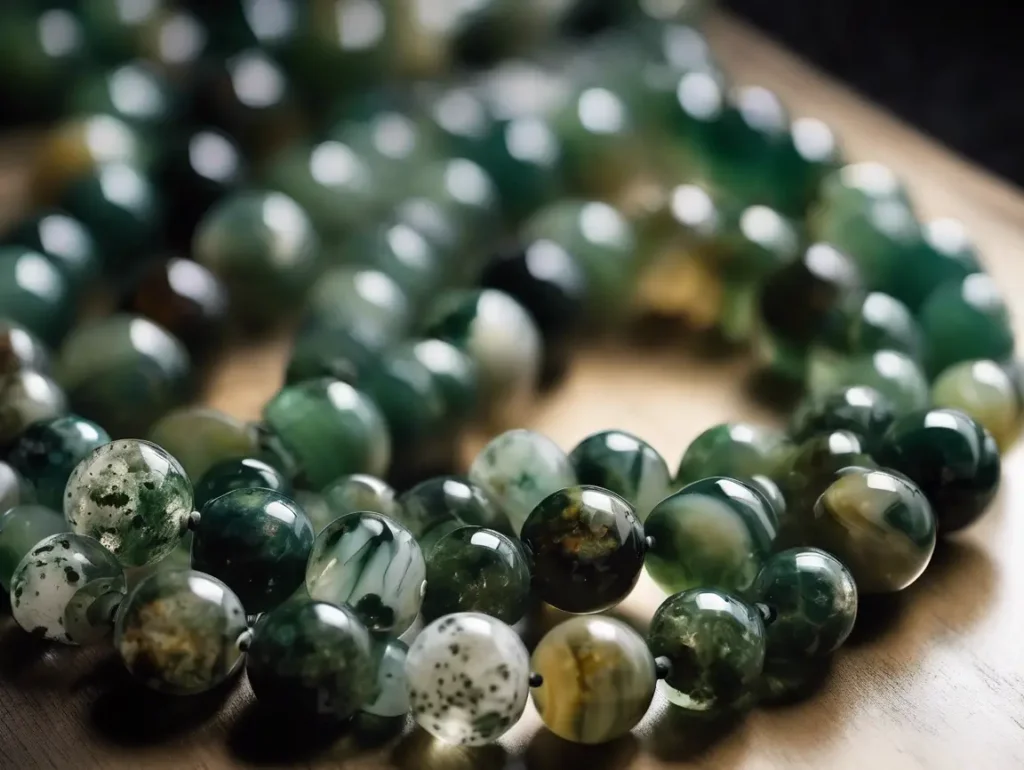 Tree Agate vs Moss Agate round bead strands, highlighting their texture contrast.