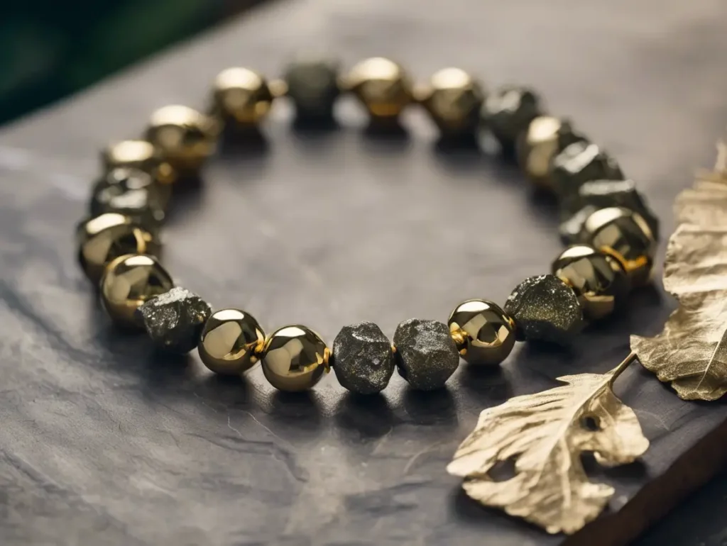 Polished pyrite bracelet on stone background showcasing classic pyrite bracelet benefits for grounding and confidence