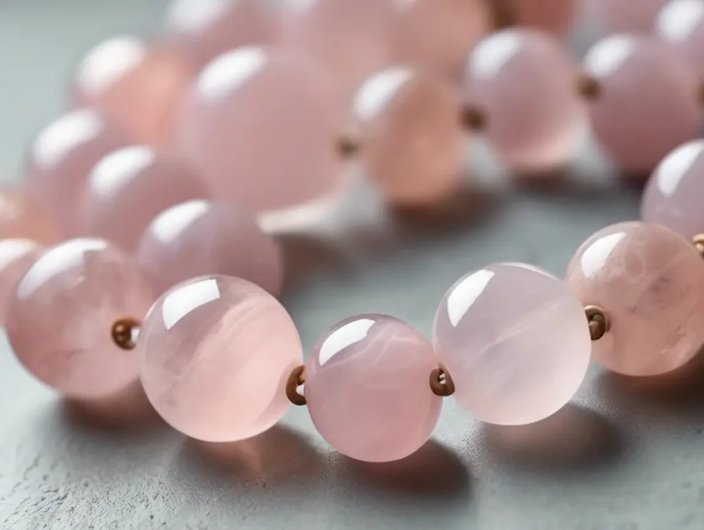 Macro view of smooth rose quartz beads – emphasizes the soothing energy and beauty tied to rose quartz bracelet benefits.