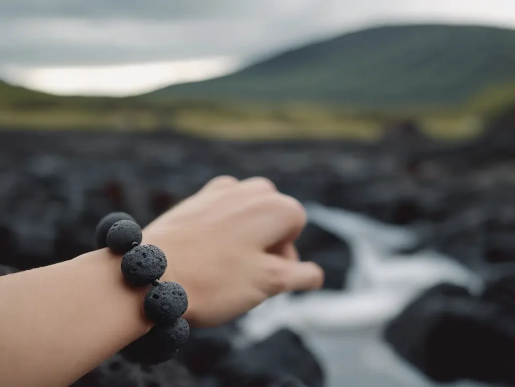 Lava stone bracelet benefits shown while wearing the bracelet near a peaceful river