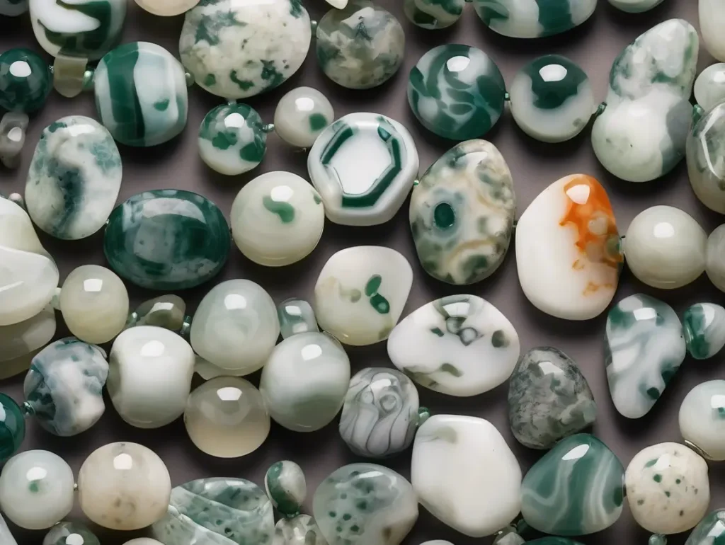 Tree Agate vs Moss Agate beads showing natural variations in color and inclusions.