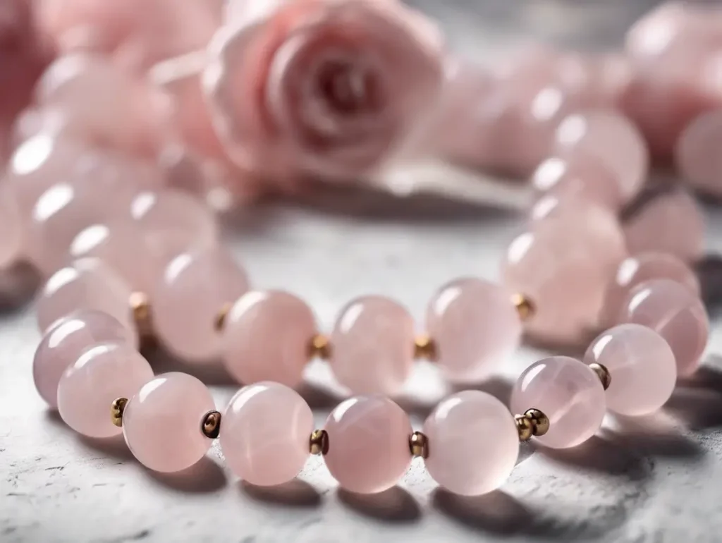 Delicate rose quartz bracelets paired with fresh roses – a visual symbol of love and calm, showcasing rose quartz bracelet benefits for self-love.
