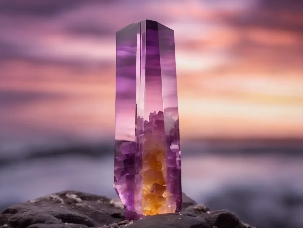 High-quality ametrine tower under sunset – Exploring the metaphysical Benefits of Ametrine