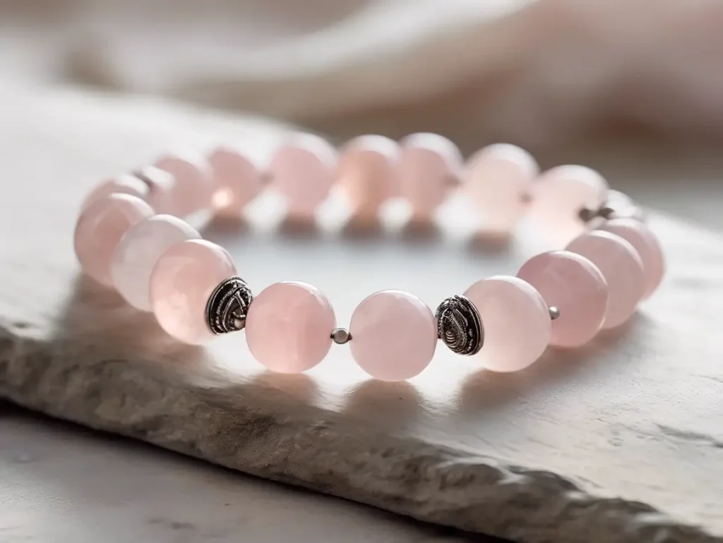 Close-up of polished rose quartz beads showing soft pink hues – highlights rose quartz bracelet benefits for emotional healing.